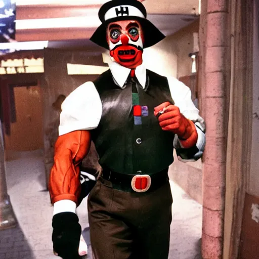 Prompt: UHD candid photo of Arnold Schwarzenegger dressed as a Nazi, wearing extremely intricate clown makeup, accurate face, UHD, photorealistic, correct face, photo by Annie Leibowitz