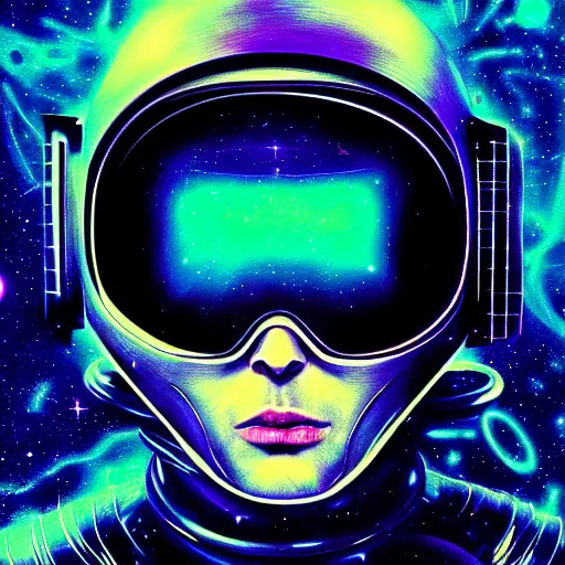 Image similar to A close up portrait of the most wanted space pirate warping time and space, parsec record, wearing menacing space helmet, trading illegal goods, magic mushrooms, psilocybin, LSD, dark force full face space helmet, space pressurized suit, futuristic, ghost in the shell, detailed, intricate, elegant, highly detailed, digital painting, artstation, concept art, smooth, sharp focus, akira style illustration, art by Krenz Cushart and Artem Demura and Alphonse Mucha