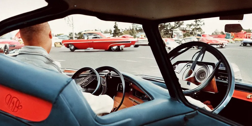 Prompt: color cropped photo : first - person perspective looking over the right shoulder of mixed race man driving a vintage car looking out driver side window at a fast food drive thru ordering window, vintage car interior with elaborate dash with soviet computer console, 1 9 7 0's drive thru, burger and fries