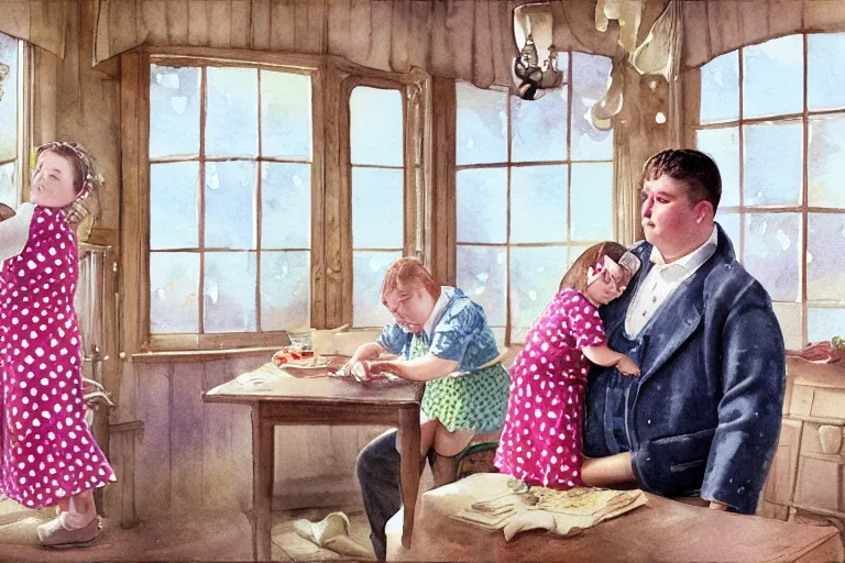 Image similar to charming and chubby parents and their very fat baby girl, wearing a polka dot cloths and a victorian - style hairdo, sits in the large and bright studio. sunlight enters through the barred window. watercolor and pen painting. beautiful lighting, 4 k post - processing, highly detailed, 5 k extremely detailed, 3 d. cinematic scene.