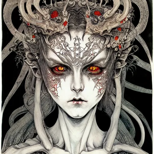 Image similar to prompt: Demon girl face painted in William Blake style drawn by Vania Zouravliov and Takato Yamamoto, intricate oil painting, high detail, Neo-expressionism, post-modern gouache marks on the side, gnarly details soft light, white background, intricate detail, intricate ink painting detail, sharp high detail, manga and anime 2000