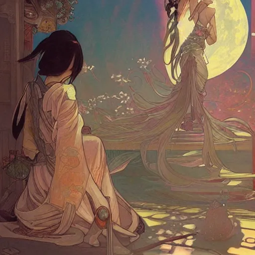 Prompt: japanese templo in the moon unity, art by artgerm and greg rutkowski and alphonse mucha