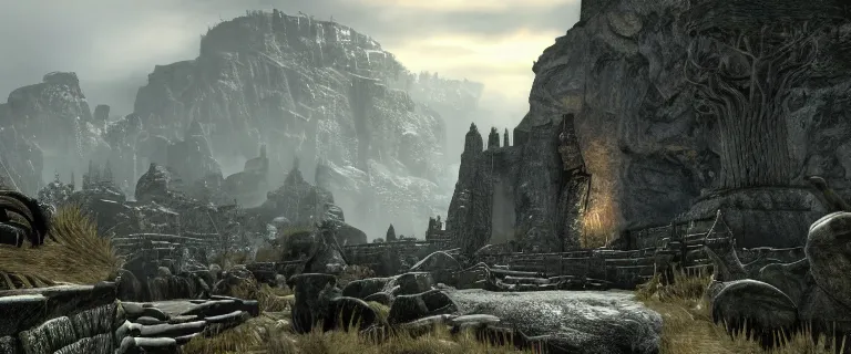 Prompt: large python serpent in The Elder Scrolls V: Skyrim, Markarth, Inside a city embedded into the mountain cliffs the Understone Keep is seen in the distance, The Reach, ancient brass dwemer ruins, brass debris, detailed scales on the giant snake, fierce python epic fantasy, dramatic lighting, cinematic, establishing shot, extremely high detail, photorealistic, cinematic lighting, artstation, by simon stalenhag