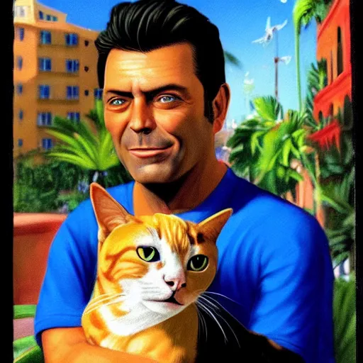 Prompt: Tommy vercetti holding a cat highly detailed portrait photo