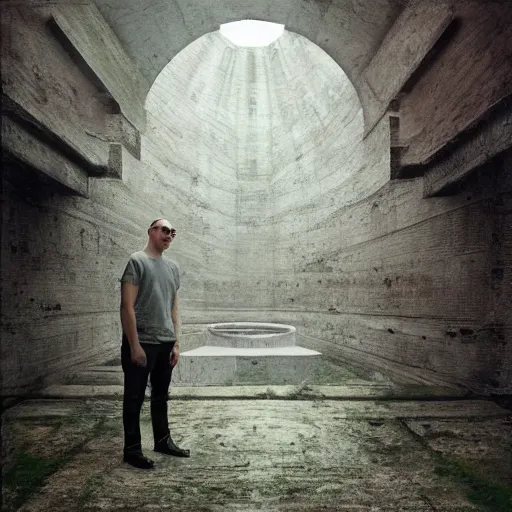 Prompt: beautiful portrait of anthony fantano, theneedledrop, standing in brutalist ruins, painted by zdzislaw beksinski