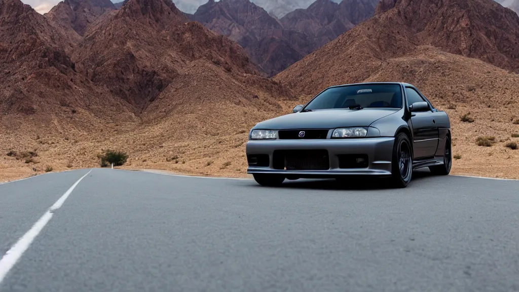 Image similar to three quarter front photo of a stock dark grey nissan r 3 2 skyline gtr on a road in a desert with a mountain in the background in the early morning, car photography, depth of field, zoom lens, blue hour, photorealistic