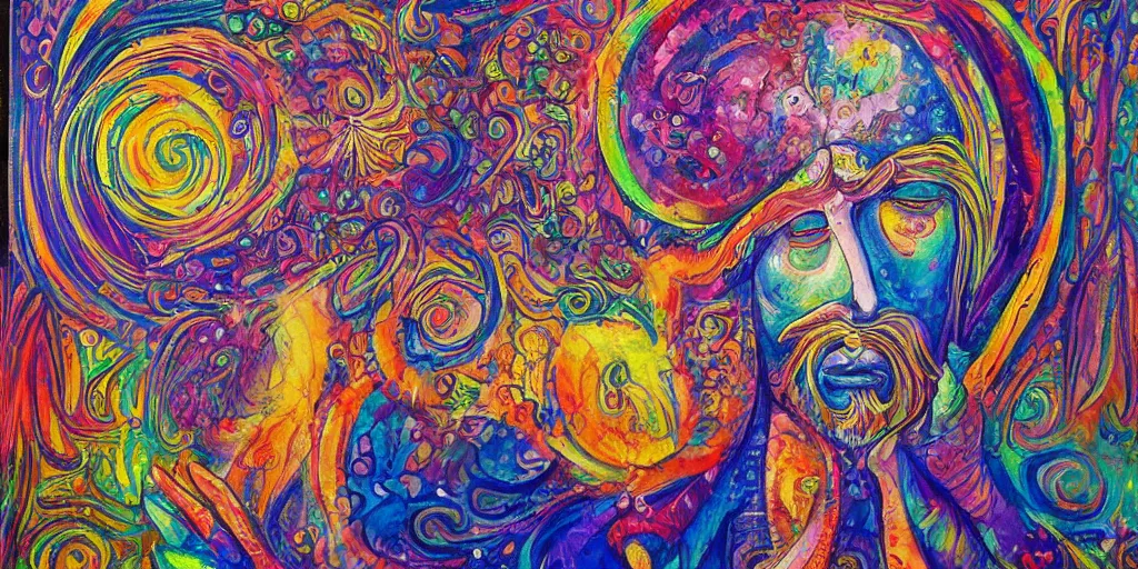 Prompt: a beatufil cosmic detailed painting of an spiritual mystic man in a new world with strage but beautiful beings and psychedelic surreal forms