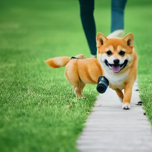 Image similar to close up photo of a tiny emma watson walking her shiba inu, cinematic, shallow dof, 3 5 mm, 4 k, macro