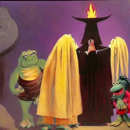 Image similar to Frank Frazetta painting of Bert the Muppet in high priest robes sacrificing Ernie the muppet on an altar.