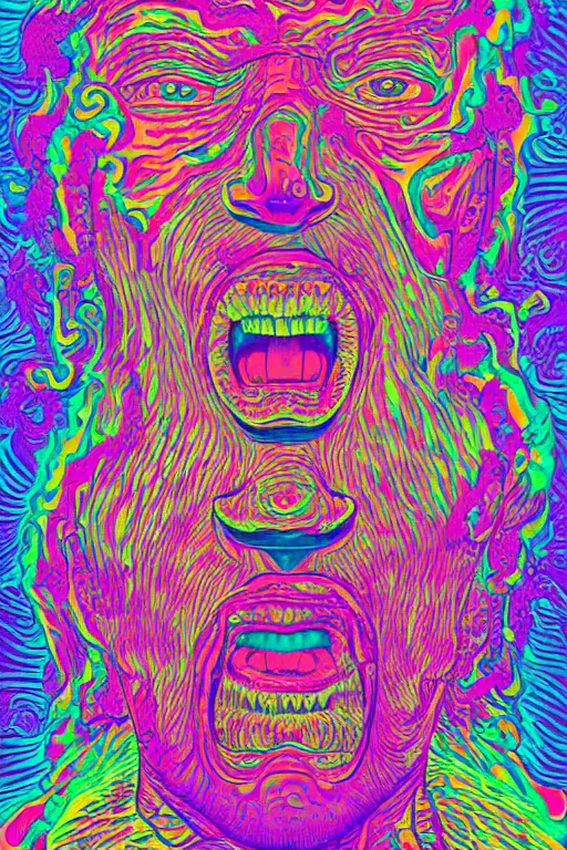 Image similar to a tab of LSD acid on a tongue with psychedelic hallucinations, screenprint by kawase hasuialex grey and dan hillier, colorful flat design, hd, 8k