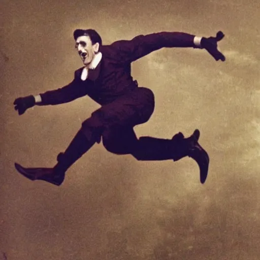 Prompt: vintage photo of spring heeled jack, jumping through the air with fiery eyes, photo journalism, photography, cinematic, national geographic photoshoot