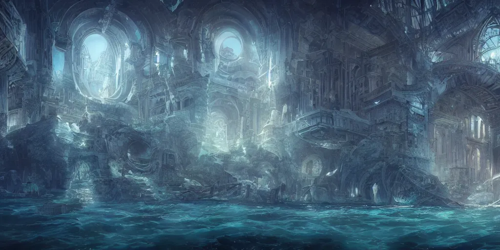 Image similar to underwater city, by role thomas style and giovanni paolo panini style epic, volumetric, symmetrical, insanely detailed, style of charlie bowater, kelly mckernan, unreal engine render, artstation trends, hyper detail, epic art style, cinematic, concept art