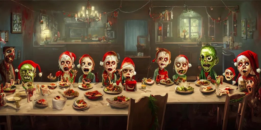 Image similar to a zombie family christmas diner, wide angle, super highly detailed, professional digital painting, artstation, concept art, smooth, sharp focus, no blur, no dof, extreme illustration, unreal engine 5, photorealism, hd quality, 8 k resolution, cinema 4 d, 3 d, beautiful, cinematic, art by tim burton