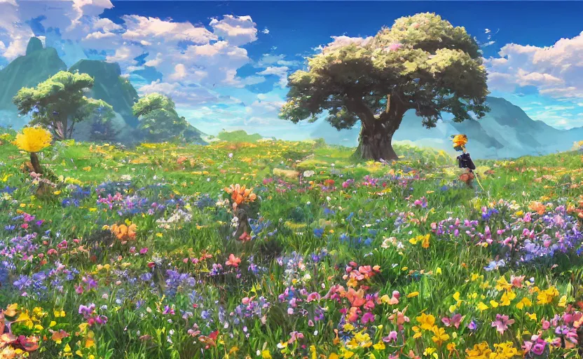 Image similar to fantastic anime sunny meadow with flowers, lone old Oak in the middle plane and mountains on the background, by Hayao Miyazaki, Nausicaa, Ghibli, Breath of the wild, Anime wallpaper