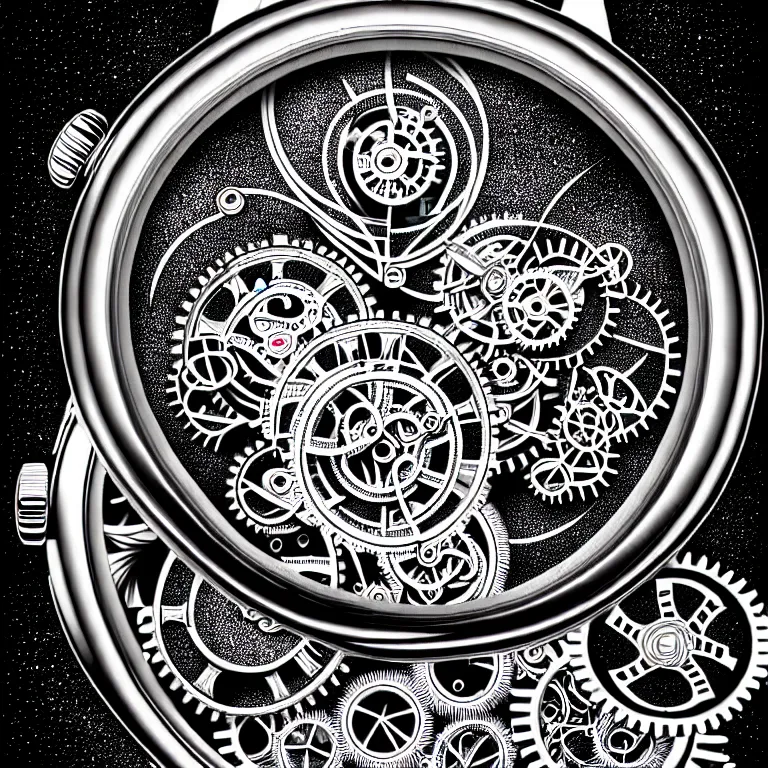 Image similar to a black and white drawing of variety of sea life and mechanical gears cogs inside a watch, a microscopic photo by ernst haeckel, zbrush central, kinetic pointillism, intricate patterns, photoillustration