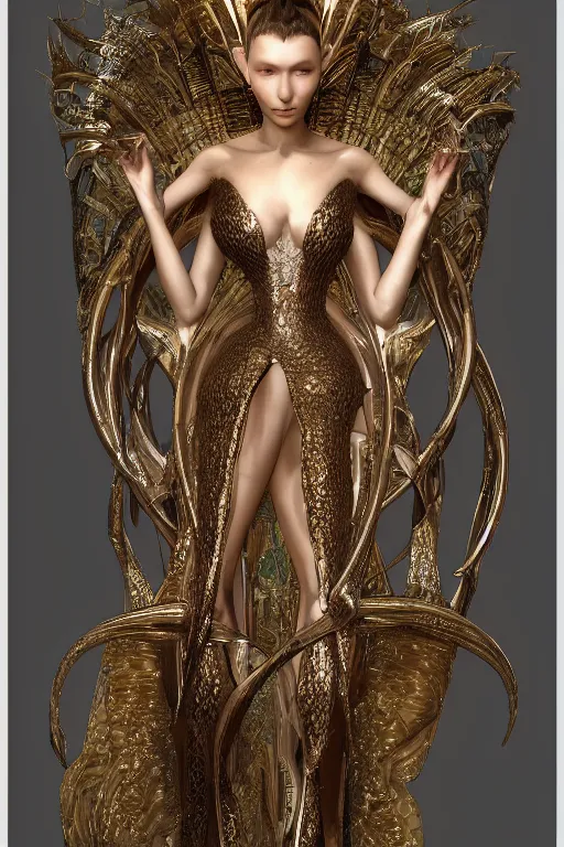 Image similar to a highly detailed portrait of a beautiful alien goddess bella hadid in iris van herpen dress in diamonds in style of alphonse mucha trending on artstation made in unreal engine 4