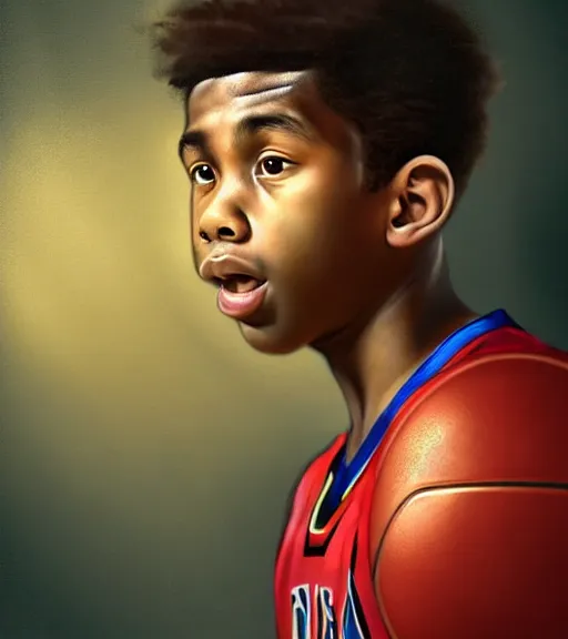 Image similar to portrait of a boy at a basketball court playing basketball wearing a basketball jersey in a basketball court standing near the basketball hoop, intense emotion, detailed facial expression, detailed surroundings, intricate, elegant, highly detailed, centered, digital painting, artstation, concept art, smooth, sharp focus, illustration, by Leonardo da Vinci, WLOP