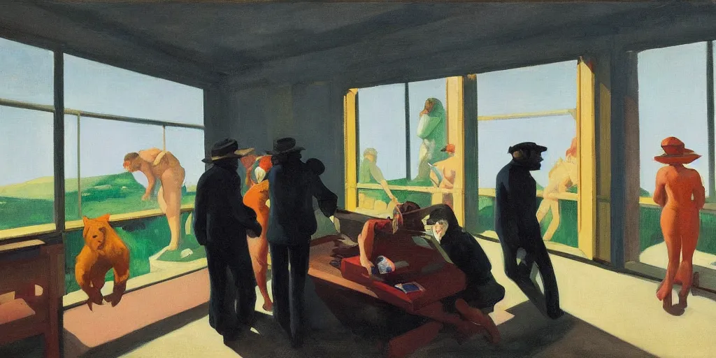 Prompt: painting, view from inside edward hopper's painting nighthawks, of a group of werebears inside a gallery, by magrirre, by neo rauch