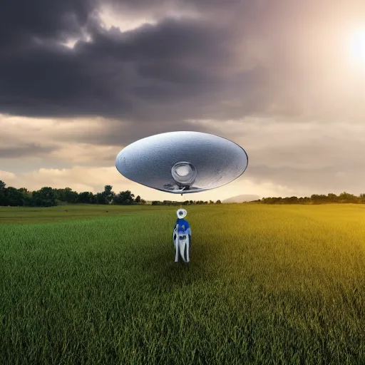 Prompt: a realistic silver ufo landed on a green field by the side of a country road, early morning, green hills, fences, blue sky, matte painting, 8 k