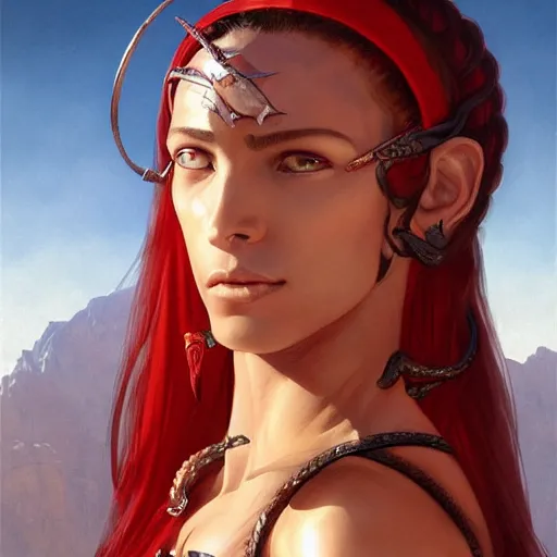 Image similar to portrait of a female berber tiefling, red skin, straight horns, black hair in a ponytail, steel armor, greatsword, in a desert, strong, fierce, elegant, fantasy, highly detailed, digital painting, artstation, concept art, character art, art by greg rutkowski and tyler jacobson and alphonse mucha