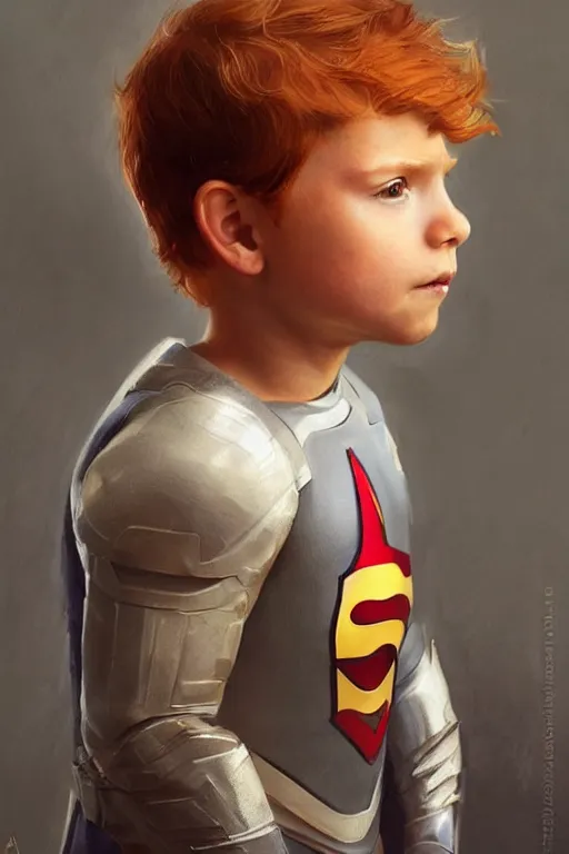 Image similar to a little boy with a michievous face and ginger hair. he is dressed as a superhero. clean elegant painting, beautiful detailed face. by artgerm and greg rutkowski