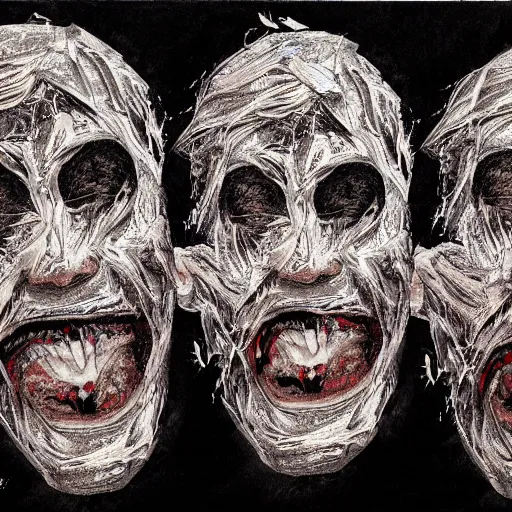 Image similar to multiple faces shredded like paper masks screaming, dark horror, surreal, drawing, painting,