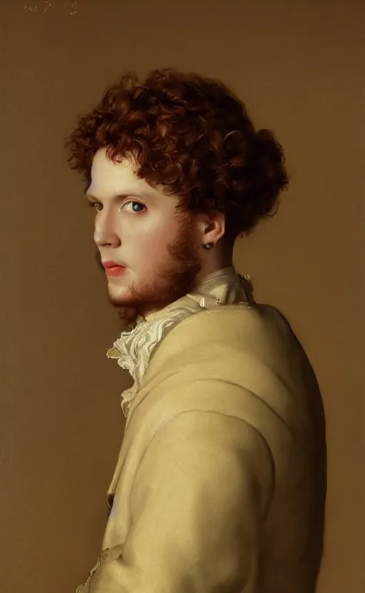 Prompt: handsome young man with reddish curly hair, in rich Russian furcoat, with pearl earring, Russian Empire, cinematic lighting, highly detailed, digital art, Renaissance painting, framed, by Leyendecker, by Rutkowsky,