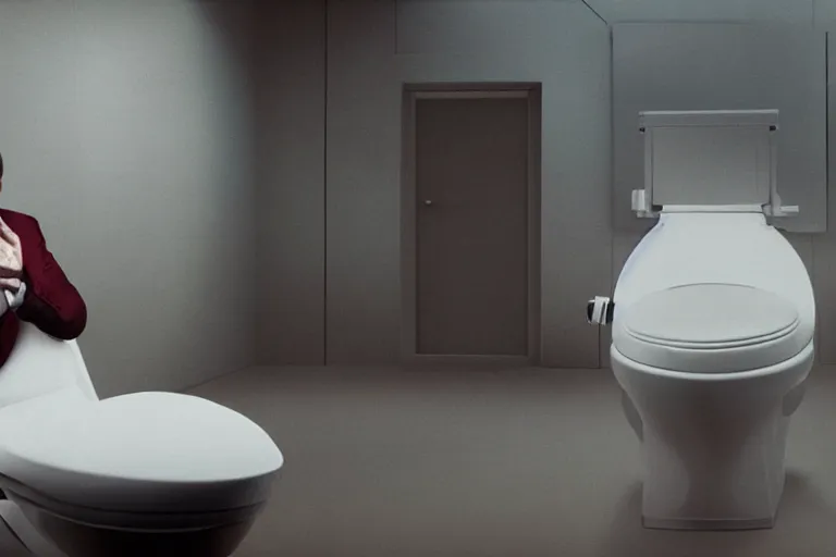 Image similar to hyperrealism aesthetic ridley scott and denis villeneuve style photography of a detailed hyperrealism elon musk, siting on a detailed hyperrealism toilet and scrolling his detailed smartphone in hyperrealism scene from detailed art house movie in style of alejandro jodorowsky and wes anderson volumetric ambient light