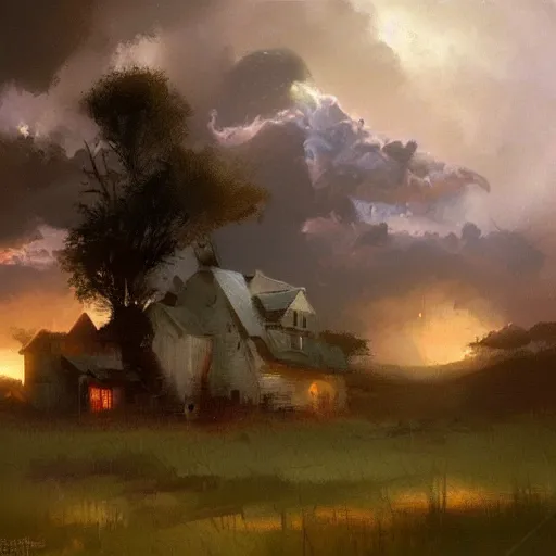 Image similar to a evil thunderstorm overtop a small farm, eerie, craig mullins