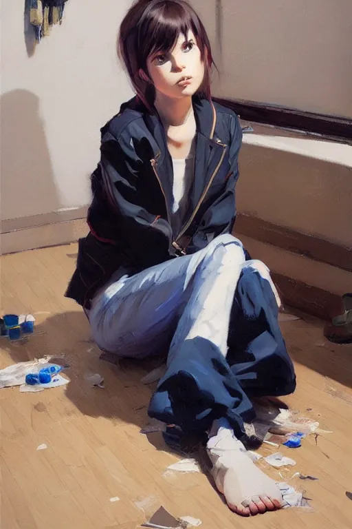 Image similar to A ultradetailed beautiful panting of a stylish girl sitting on the floor of a messy apartment, she is wearing an oversized jacket, Oil painting, by Ilya Kuvshinov, Greg Rutkowski and Makoto Shinkai