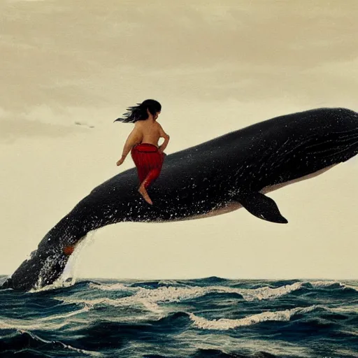 Prompt: maori girl riding a whale in ocean ,in the rain, style of Hiroshi Sugimoto ,atmospheric illustration,