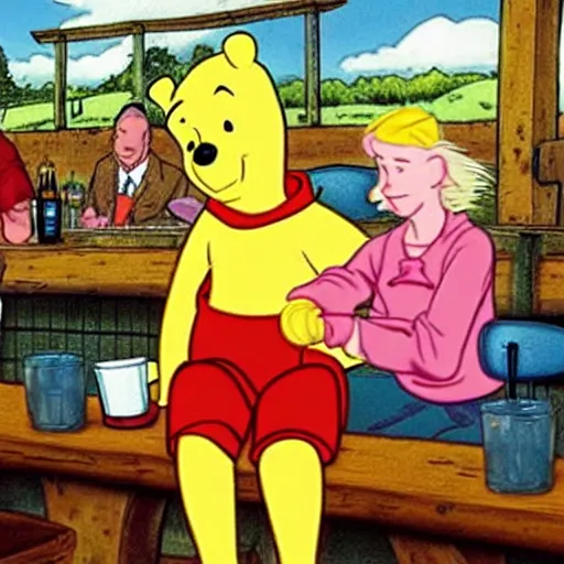 Image similar to winnie the pooh and a blonde woman enjoying a pint in a rural pub. gordon freeman is in the background looking disappointed.