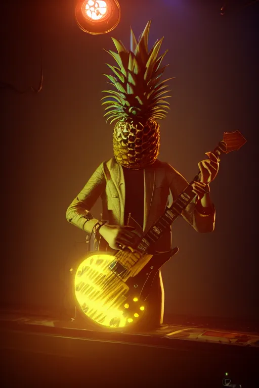 Image similar to a steampunk pineapple, playing electric guitar at a night club, focus on the musicians, cinematic lighting, exaggerated detailed, unreal engine, octane render, trending on artstation, art by greg rutkowski, 4 k