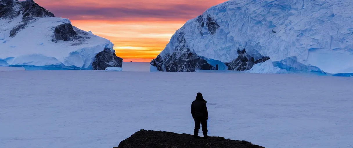 Prompt: a high quality color extreme closeup depth of field creepy hd 4 k film 3 5 mm photograph of the faint barely visible silhouette of a bulky man standing on the edge of a vista overlooking mcmurdoch station in antarctica at the beginning of sunset