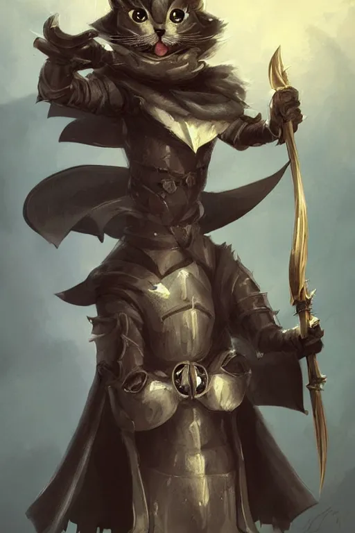 Image similar to cute anthropomorphic tuxedo cat knight wearing a cape and holding a bow, dark armor, cute and adorable, pretty, beautiful, DnD character art portrait, matte fantasy painting, DeviantArt Artstation, by Jason Felix by Steve Argyle by Tyler Jacobson by Peter Mohrbacher, cinematic lighting