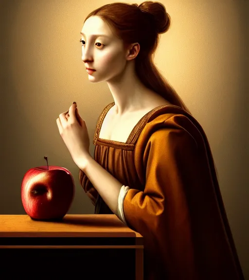 Prompt: portrait of an apple sitting upon a table with heightened detail, poised, intense emotion, detailed facial expression, detailed surroundings, intricate, elegant, highly detailed, centered, digital painting, artstation, concept art, smooth, sharp focus, illustration, by ( leonardo da vinci ), wlop