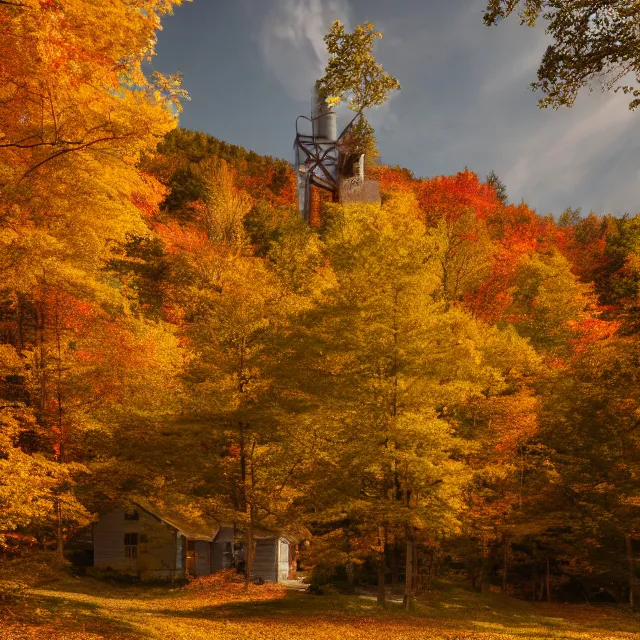 Image similar to yellow colonial new england house near a small river, fall foliage forest, large chimney, lights on inside, vermont mountain background, light cinematic, volumetric, realistic, cinematic lighting, ray tracing, unreal engine 5, octane render, hyper realistic, 8 k