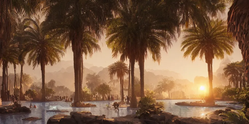 Image similar to beautiful oasis waterfalls surrounded by palm trees moroccan tile archways, date trees, ivory towers sunset peter morbacher ross tran angelarium greg rutkowski alchemy luxury heavenly light soft illumination, trending on artstation cinematic lighting digital painting octane render, artgerm