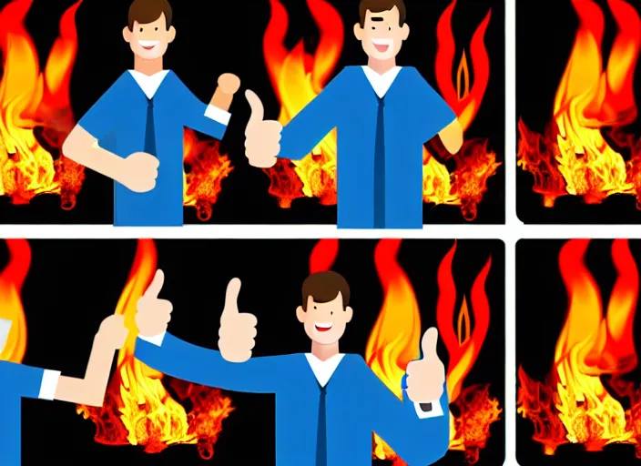 Image similar to A system administrator doing a thumb up to the camera in front on burning servers, servers in flames, happy system administrator doing a thumb up, uncropped, full body