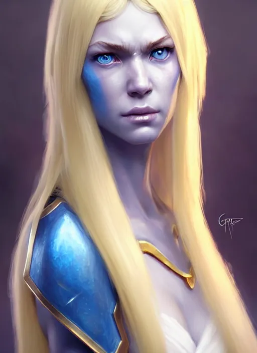 Image similar to a fantasy style portrait painting of shy white female paladin scarred left eye with blonde hair and blue eyes, holy oil painting unreal 5 daz. rpg portrait extremely detailed artgerm greg rutkowski _ greg