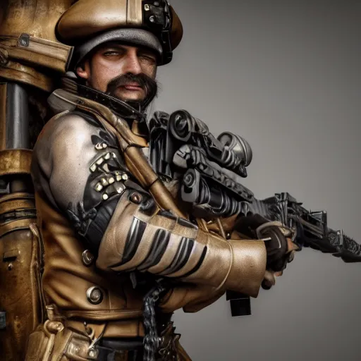 Image similar to photo of a highly detailed steampunk soldier carrying a steampunk rifle in his arms, 4k, octane render