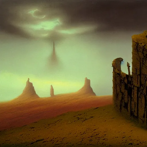 Image similar to ruined tower atop a hill, painting, john martin, Zdzisław Beksiński, masterpiece, landscape, moody, atmospheric