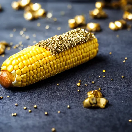 Prompt: a corn dog covered in gold and encrusted with crystals, 4k, food photography