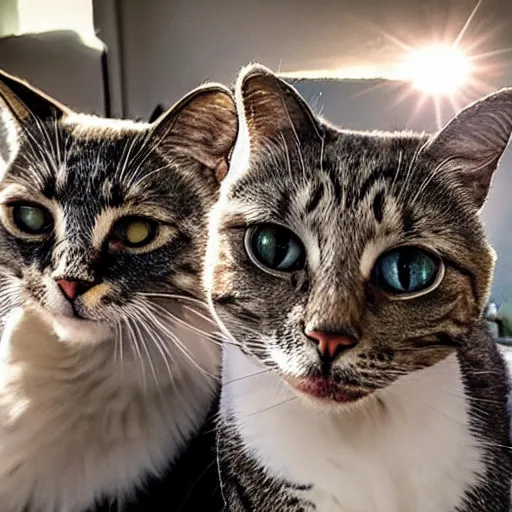 Prompt: photo of cats taking a selfie, award - winning photograph, national geographic, perfect lighting