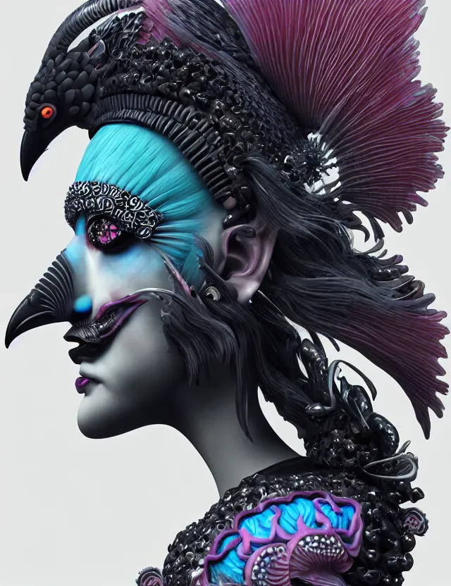 Image similar to 3 d goddess close - up profile portrait punk with mohawk with ram skull. beautiful intricately detailed japanese crow kitsune mask and clasical japanese kimono. betta fish, jellyfish phoenix, bio luminescent, plasma, ice, water, wind, creature, artwork by tooth wu and wlop and beeple and greg rutkowski