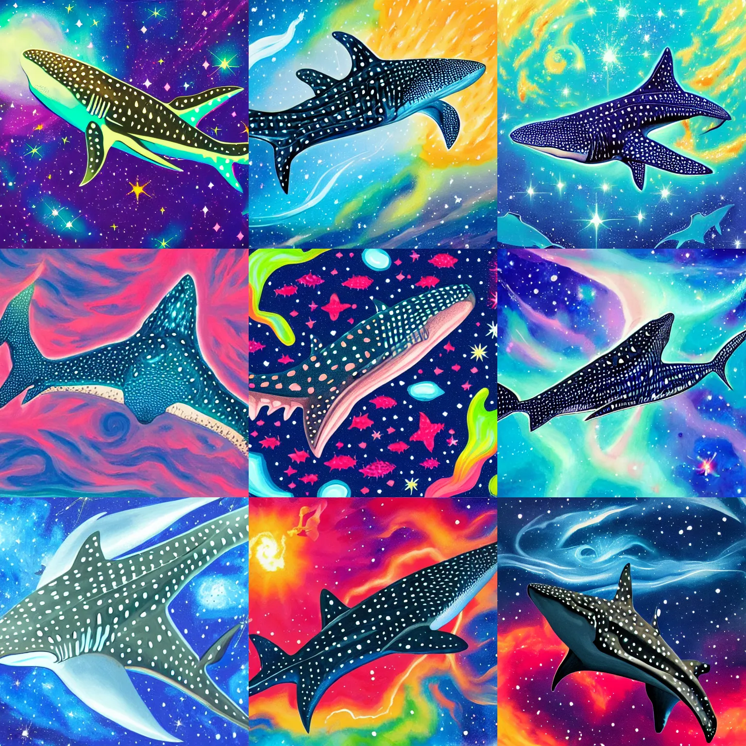 Image similar to gouache painting of a whale shark flying through a swirling, luminous nebula, elegant, ultra detailed, gouache illustration of whale - shark floating through a colorful nebula