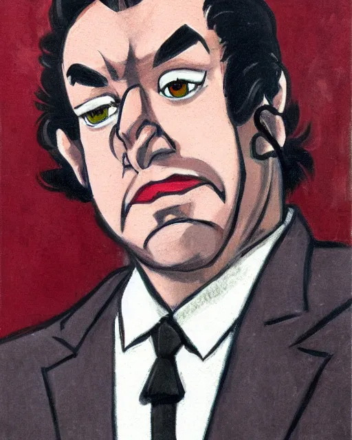 Image similar to portrait, center focus, smug male antagonist in suit, upscale hotel, artwork by ralph bakshi
