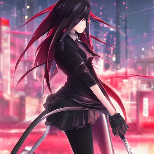 Image similar to advanced digital anime art, cyberpunk girl with silver and red eyes with long black hair wielding a katana , painted by RossDraws in the style of Makoto Shinkai, very high detail, medium sensor , Gaussian blur, f/15 , 35mm —W 1920 —H 1080