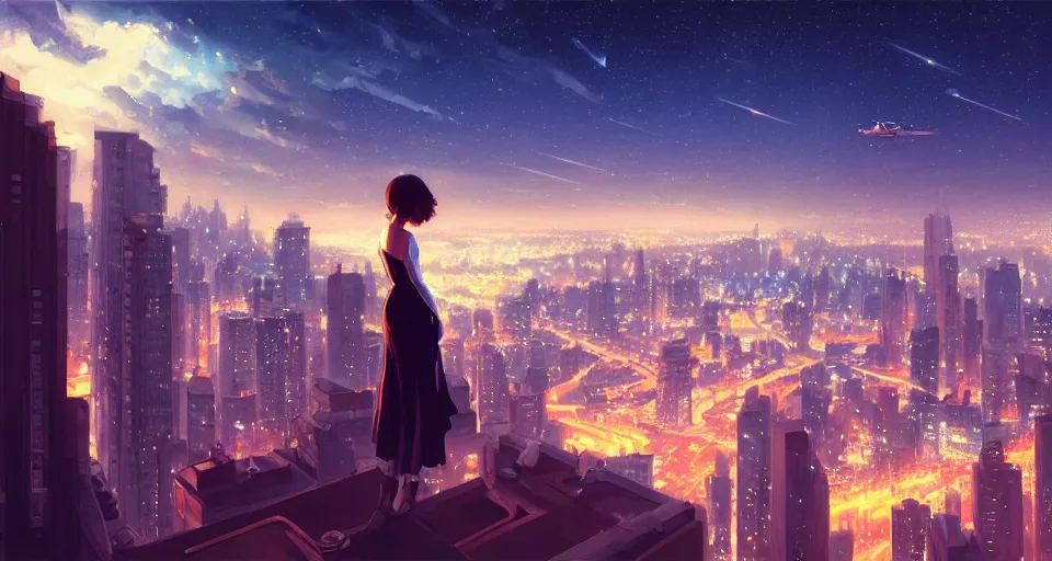 Image similar to city flying in the sky, night setting with stars. realistic shaded lighting poster by ilya kuvshinov katsuhiro, magali villeneuve, artgerm, jeremy lipkin and michael garmash, rob rey and kentaro miura style, trending on art station