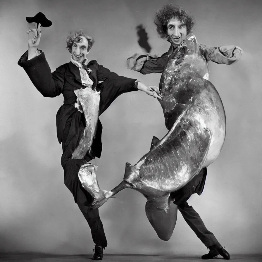 Image similar to harpo marx dancing on a giant tuna can, saturated color scheme